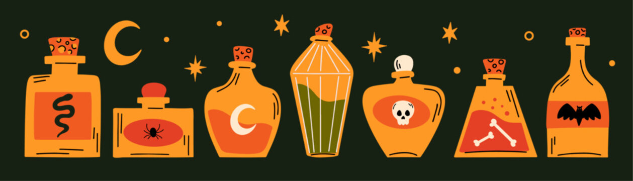Halloween concept spooky vector illustration set, cartoon potion glass corked bottle stickers, magical elements collection, autumn holiday party decoration, spooky witchy apothecary jars, poison flask