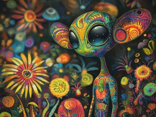 Obraz premium Funky Cartoon Alien with Vibrant Patterns Venturing through Exotic Alien Jungle