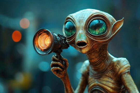 Extraterrestrial Encounter: Cartoon Alien Communicating with Humans Using Futuristic Technology