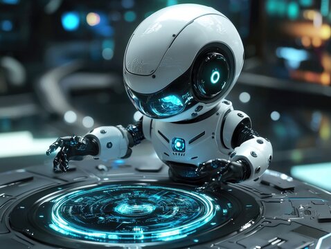 Playful Cartoon Alien Robot Interacting with Holographic Tech in a Futuristic World