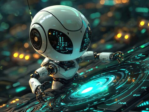 Playful Cartoon Alien Robot Interacting with Holographic Technology in Futuristic Landscape