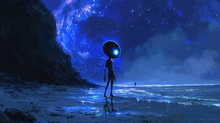 Obraz premium Neon Glowing Cartoon Alien Discovering a Bioluminescent Alien Beach Adventure