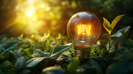 A glowing light bulb amidst lush green leaves, symbolizing innovation and nature.