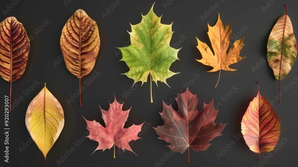 Poster a collection of autumn leaves are arranged in a row on a black background