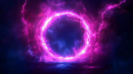 Obraz premium A mystical portal surrounded by vibrant purple energy and lightning in a dark atmosphere.