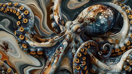 Fototapeta premium An octopus displays its colors while moving fluidly through a vibrant underwater environment