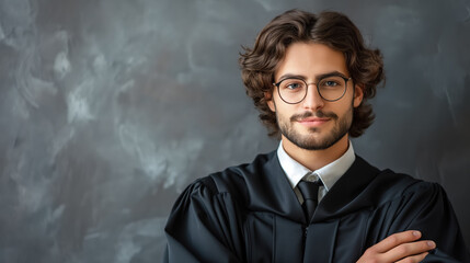 Fototapeta premium Young man in graduation gown and cap, standing confidently with arms crossed, symbolizing academic achievement and a bright future.