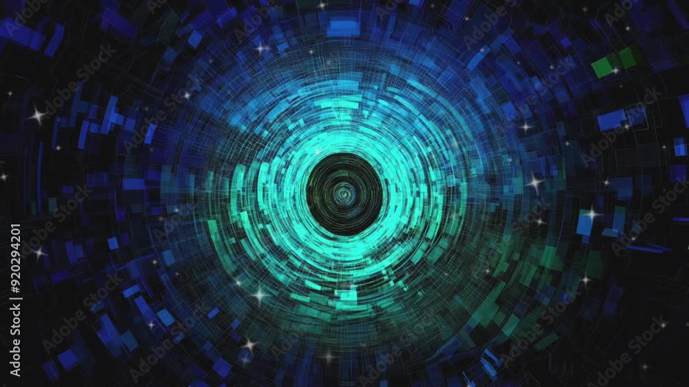 Poster a vibrant, abstract digital vortex design with concentric patterns and glowing colors.