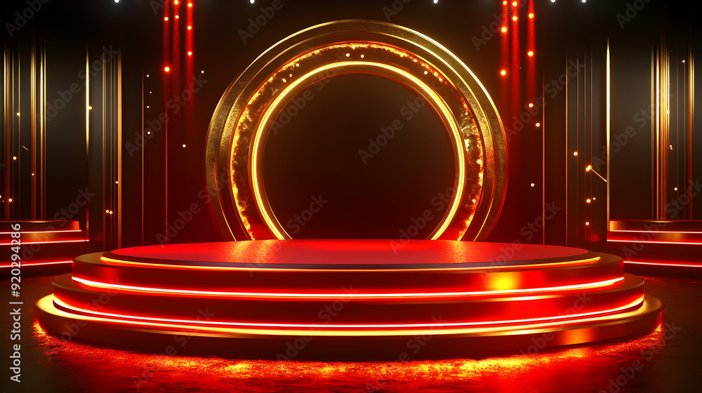 Poster a vibrant stage setup with circular backdrop and illuminated platforms for performances.