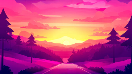 Digital art of a vibrant sunset landscape with mountains and trees, showcasing colorful pink and purple hues in a serene setting.