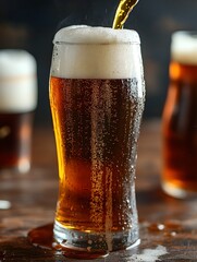 Pouring a Refreshing Amber Craft Beer with Foamy Head and Ample Copy Space