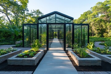 Obraz premium An environmental sanctuary restored with recycled glass structures highlights the beauty of nature through innovative restoration and recycling practices.