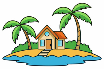 Tropical island and beach house clipart art vector illustration