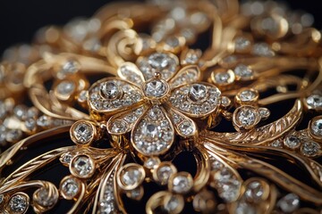 Fototapeta premium Elegant Diamond-Studded Gold Brooch with Intricate Detailing Close-Up