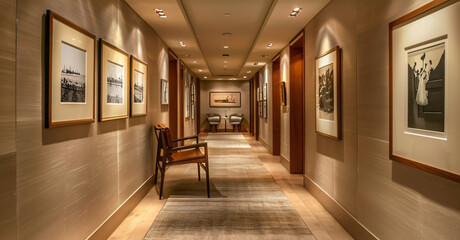 A curated gallery wall in a neutral-toned hallway with recessed lighting.