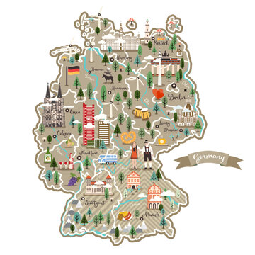 Stylized map of Germany. German symbols, car, wine, pretzel, mountains and other landmarks. Travel to German. Man and woman in national costume.