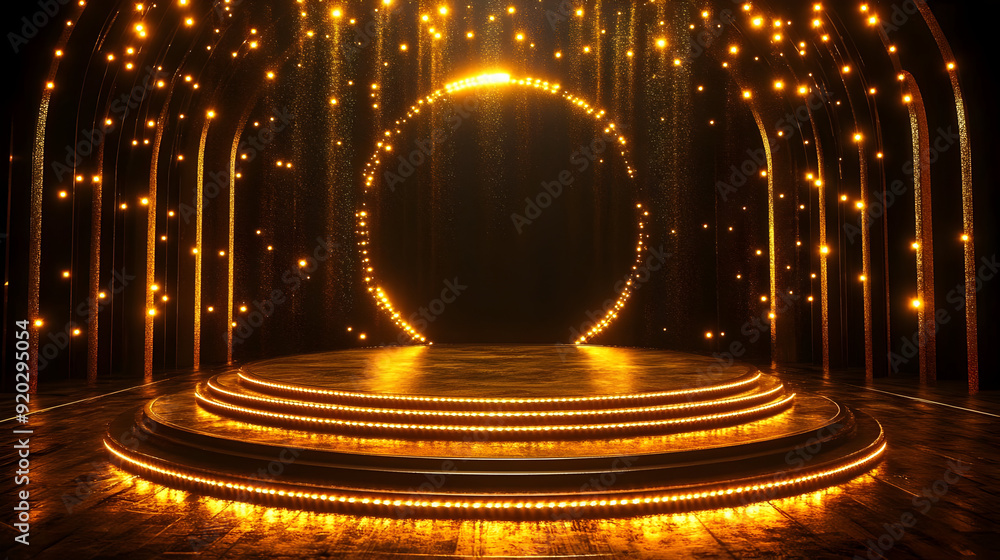 Poster a glowing stage with circular backdrop and sparkling lights, ideal for performances.