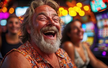 Obraz premium Joyful Casino Players Celebrating Big Jackpot Win at Slot Machine
