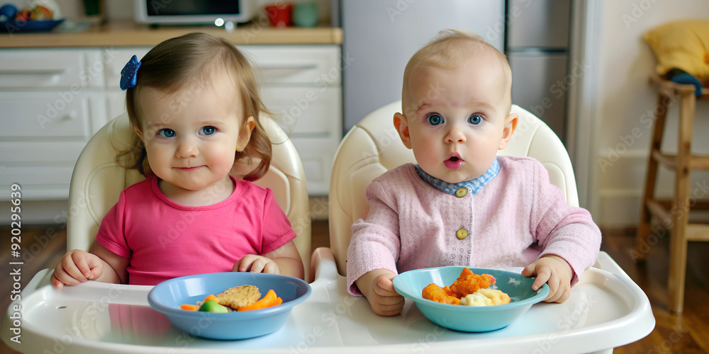 Wall mural Cute kids eating healthy solid food in a modern daycare center