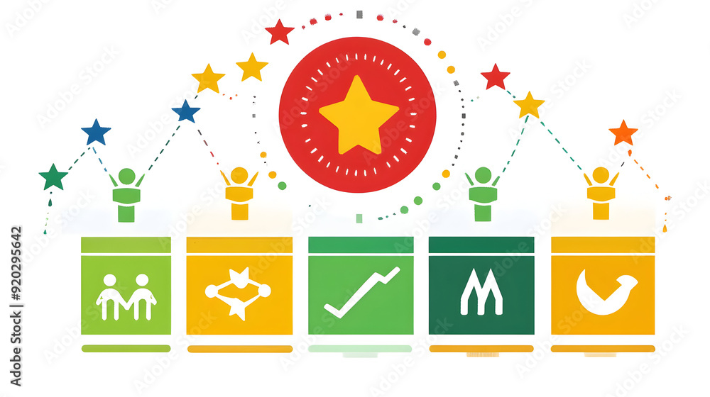 Poster Visual representation of performance metrics with icons and a star motif.