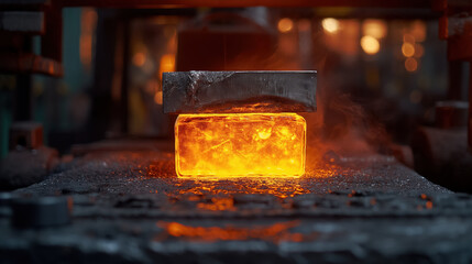 Glowing molten metal being forged in a heavy industrial machine, with steam and intense heat, highlighting the power and process of metalworking.