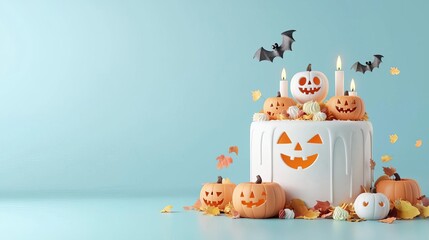Fototapeta premium Halloween cake, spooky decorations with cozy candles, 3D illustration