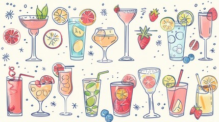 Colorful and Playful Beverage Doodles. Cute drinks concept