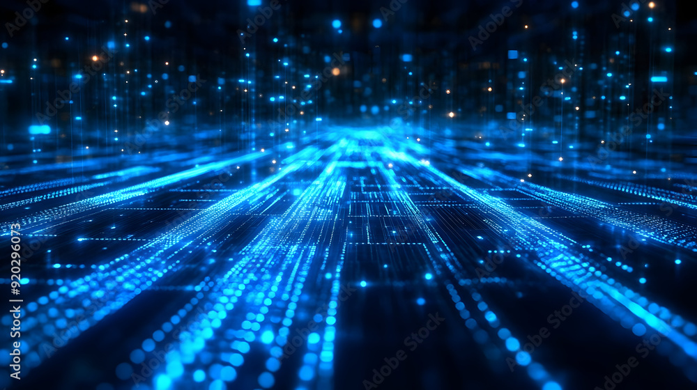 Poster a futuristic digital landscape with glowing blue lines and particles representing data flow.