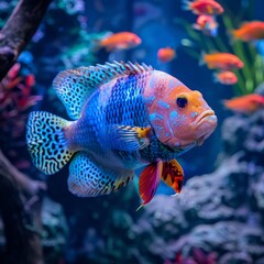 Fototapeta premium Flowerhorn Cichlid Colorful fish swimming in Aquarium deep blue freshwater fish tank. Flower horn fishes are ornamental fish that symbolizes the luck of