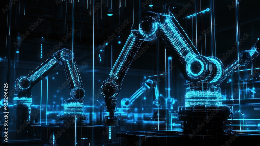 Wall mural Futuristic Robotic Arms Glowing Blue in a Dark Industrial Setting