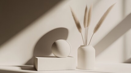 A minimalist arrangement featuring a spherical object, a rectangular base, and a vase with dried grass, illuminated by soft light.