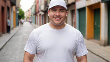 Fototapeta premium Plus size young man wearing white t-shirt and white baseball cap standing in a city alley