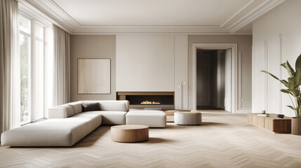 Scandinavian living room with conversation pit, circular fireplace, wood flooring, 
