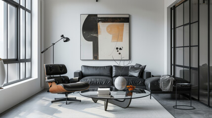Scandinavian living room with a luxurious touch, featuring a sleek black leather sofa, glass coffee table, and polished concrete floors