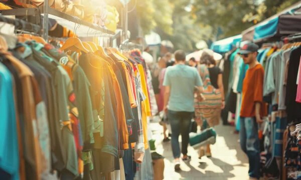 A vibrant flea market with colorful clothing hanging on racks, people browsing through the items in a lively outdoor setting.