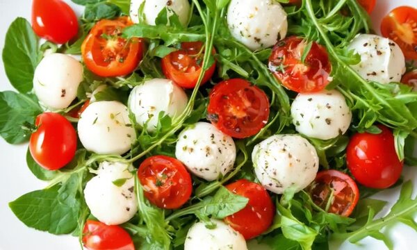 A fresh Caprese salad with arugula, cherry tomatoes, and mozzarella balls, seasoned with black pepper and olive oil, served in a white bowl.