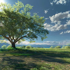 A tree in a field with a blue sky and clouds.,
Panorama of small trees planted with sunrise Green world and world day concept










