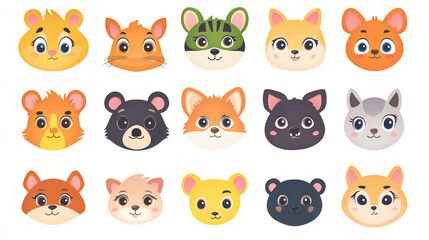 Collection of cute cartoon animal faces on white background