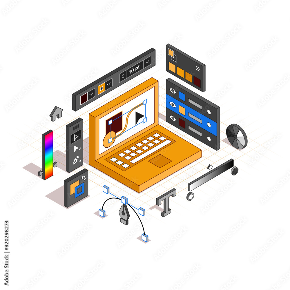 Poster axonometric interface of software for designers. volume program for illustrators. isometric vector i
