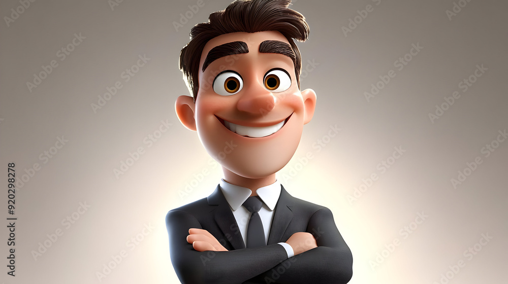 Poster a cheerful animated character in a suit, smiling confidently with arms crossed.