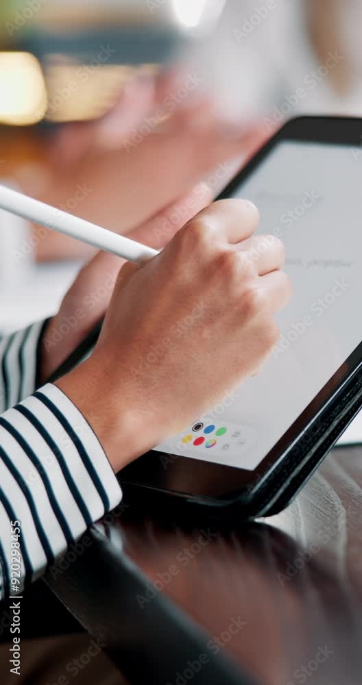 Aufkleber tablet, hands and person with pen for meeting minutes, schedule and business secretary writing notes