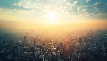 Sunset over a sprawling urban landscape with skyscrapers in the distance