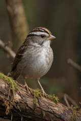Obraz premium White Throated Sparrow Perched on Mossy Log in Forest