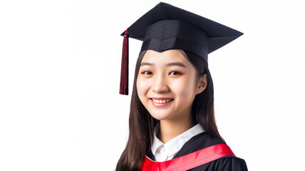 A young female graduate wearing a black cap and gown, smiling confidently against a white background, celebrating academic achievement.