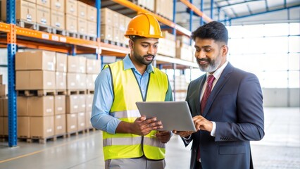  Indian manager and logistics worker planning transportation while standing in a warehouse.
