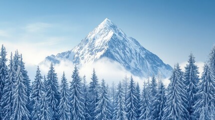 Obraz premium Snow-Covered Mountain Peak Rising Above a Frosty Forest