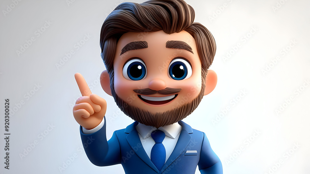 Poster a cheerful animated character in a suit, raising a finger as if sharing an idea.