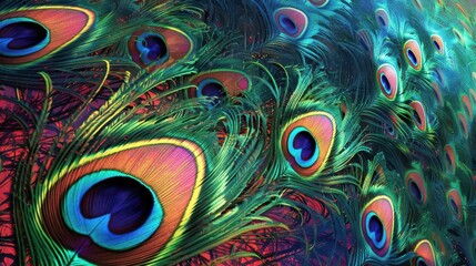 Feathers radiate colorful patterns and textures, displaying nature's artistry in brilliant hues of blue and green