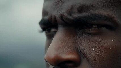 Determined black athlete immersed in intense workout, showcasing dedication to fitness and sport. Portrait captures strength and motivation as he pushes himself, embodying healthy lifestyle