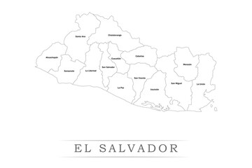 Administrative regions of EL SALVADOR. Province, state, division name with white map with black outline. Vector illustration	